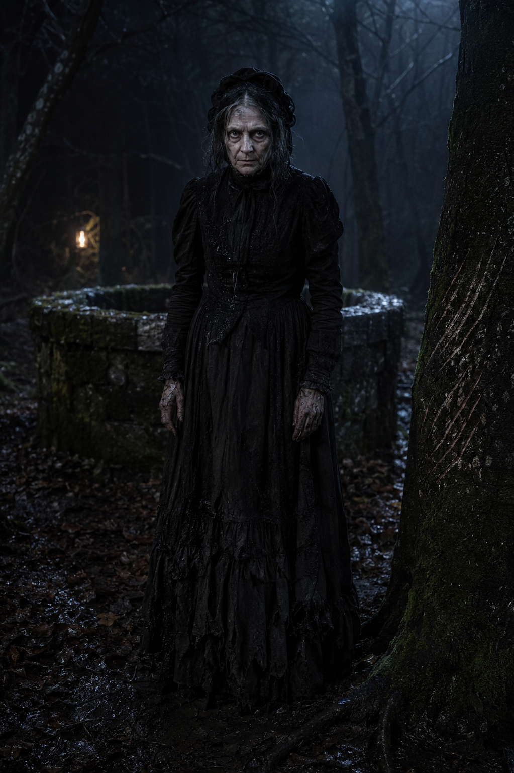 The Lady in Black standing in the woods